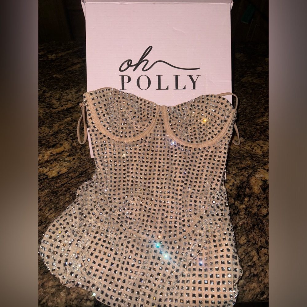 Brand New OH POLLY rhinestone corset mini dress in color honey size “ us:4 uk: 8